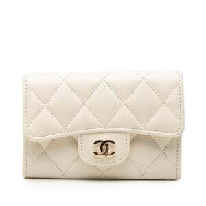 CHANEL White Caviar Leather Logo Wallet